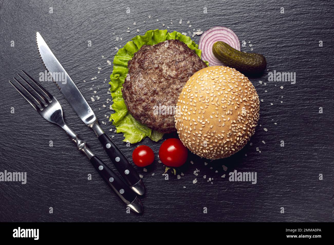 top view burger ingredients slate background. Resolution and high ...