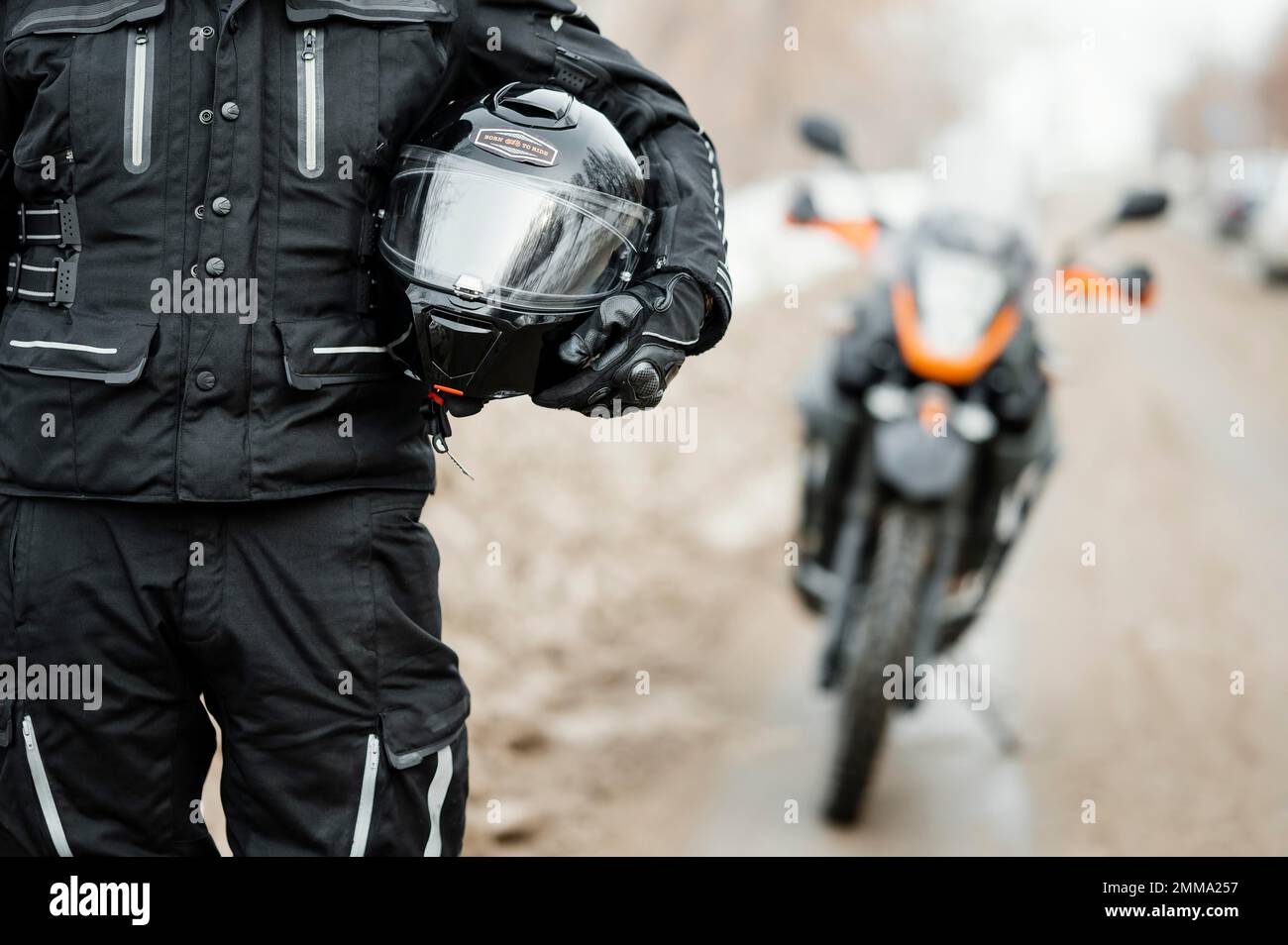 men riding motorcycle winter day. Beautiful photo Stock Photo
