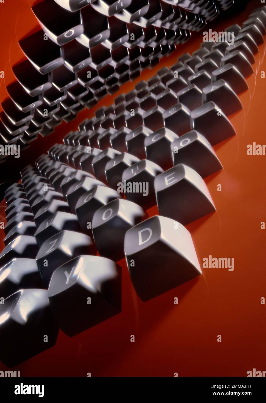 Computer keys in graphic, dramatic image, with vanishing point to the horizon.  Orange background in this studio photograph. Stock Photo