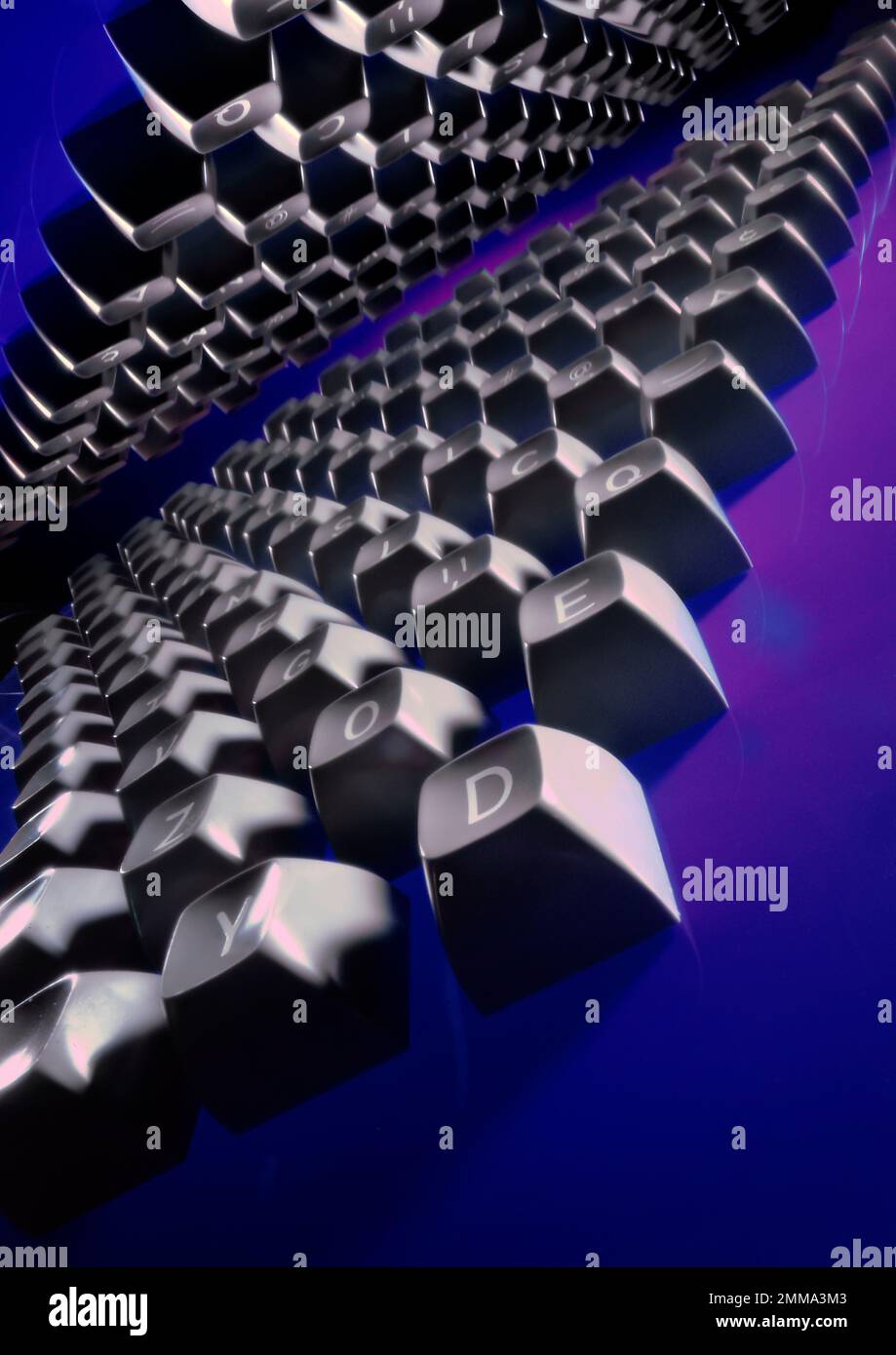 Computer keys in graphic, dramatic image, with vanishing point to the horizon.  Purple background in this studio photograph. Stock Photo
