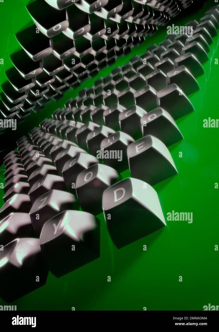Computer keys in graphic, dramatic image, with vanishing point to the horizon.  Green background in this studio photograph. Stock Photo