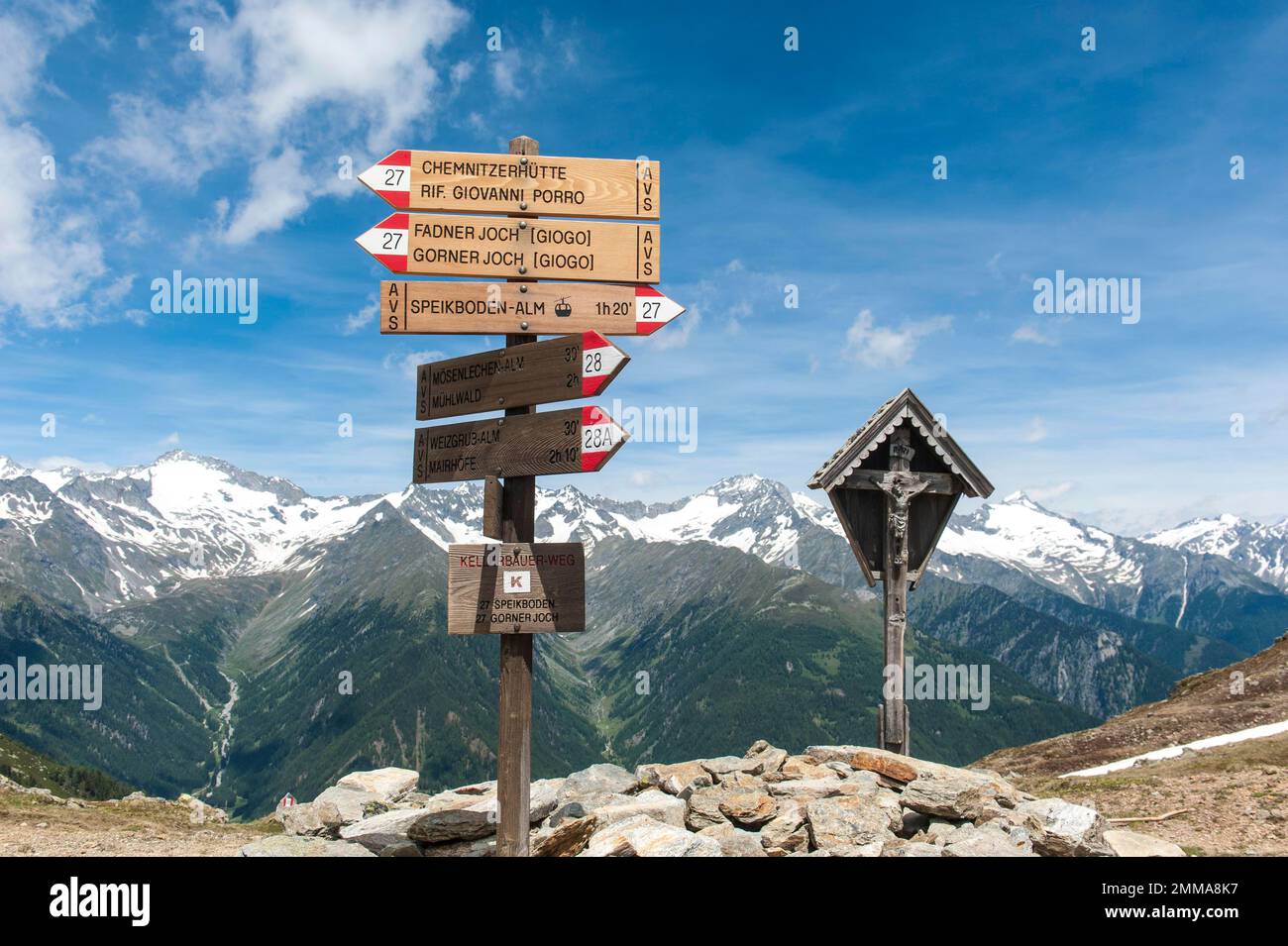 Hiking sign, signpost at Seewassernock (2433 m), wayside cross, field ...