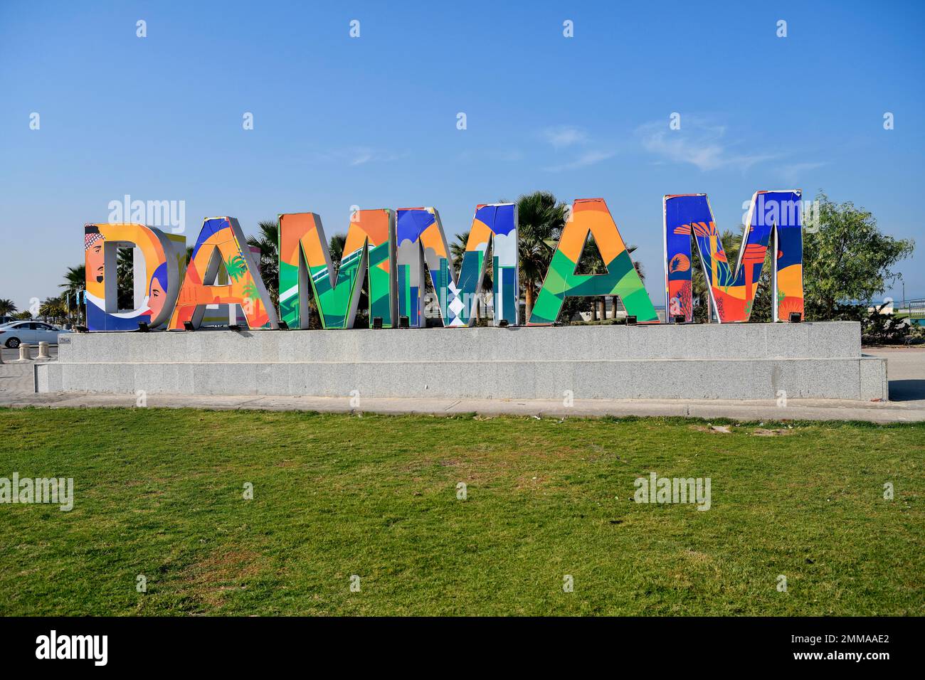 Colourful lettering at the entrance to the city of Dammam, ash-Sharqiyya province, Persian Gulf, Saudi Arabia Stock Photo