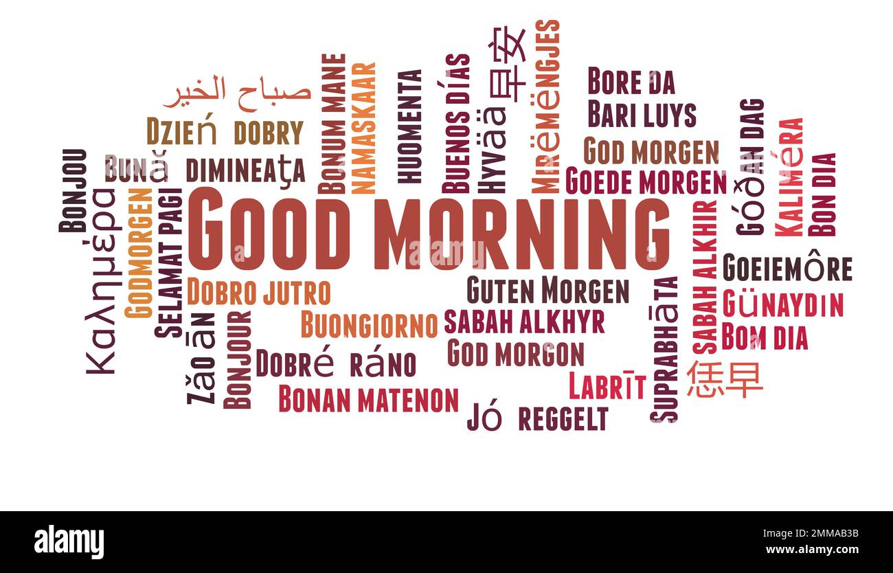 Good morning in different languages word cloud concept on white ...