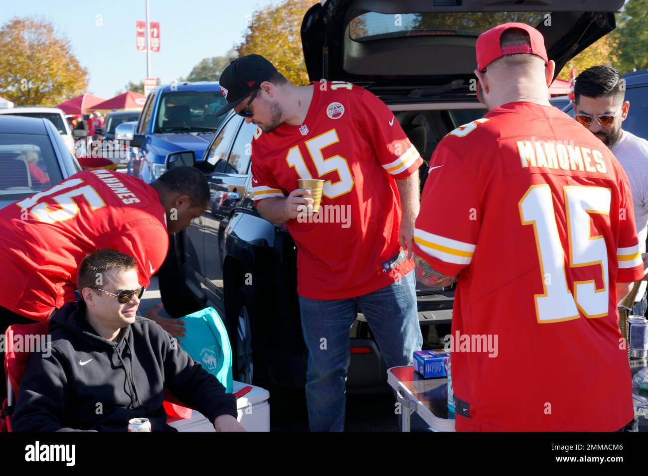 Kansas City Chiefs fans wear Patrick Mahomes jerseys as they tailgate  before an NFL football game against Cincinnati Bangals in Kansas City, Mo.,  Sunday, Oct. 21, 2018. (AP Photo/Nati Harnik Stock Photo 