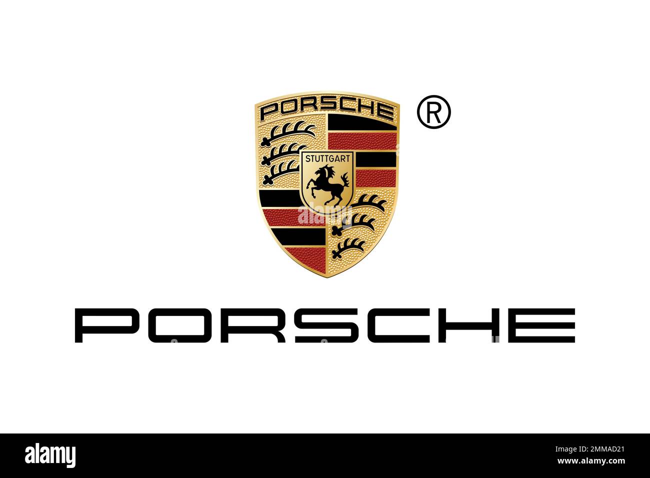 Porsche, white background, logo, brand name Stock Photo