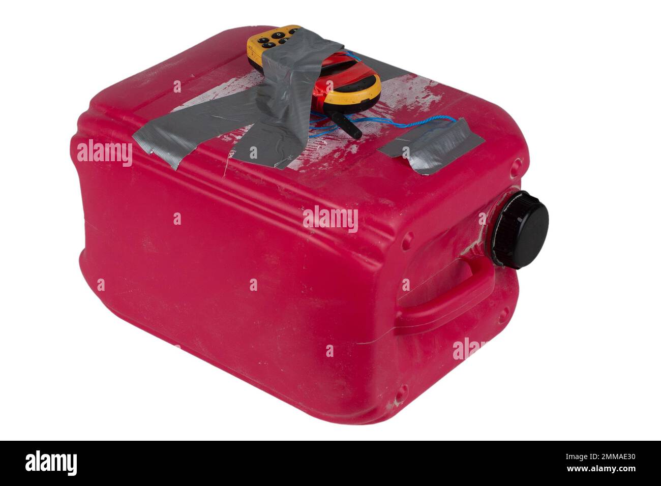 Red chemical jug IED bomb with cell phone fuse isolated on white