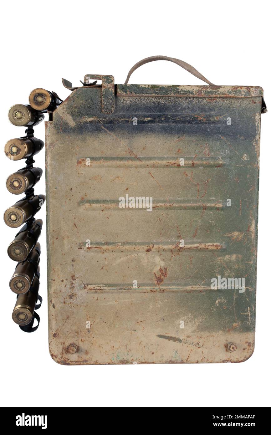 Ammo box with ammunition belt and 14.5mm cartridges for a 14.5mm KPVT heavy machine gun used by the former Soviet Union. Isolated on white background. Stock Photo