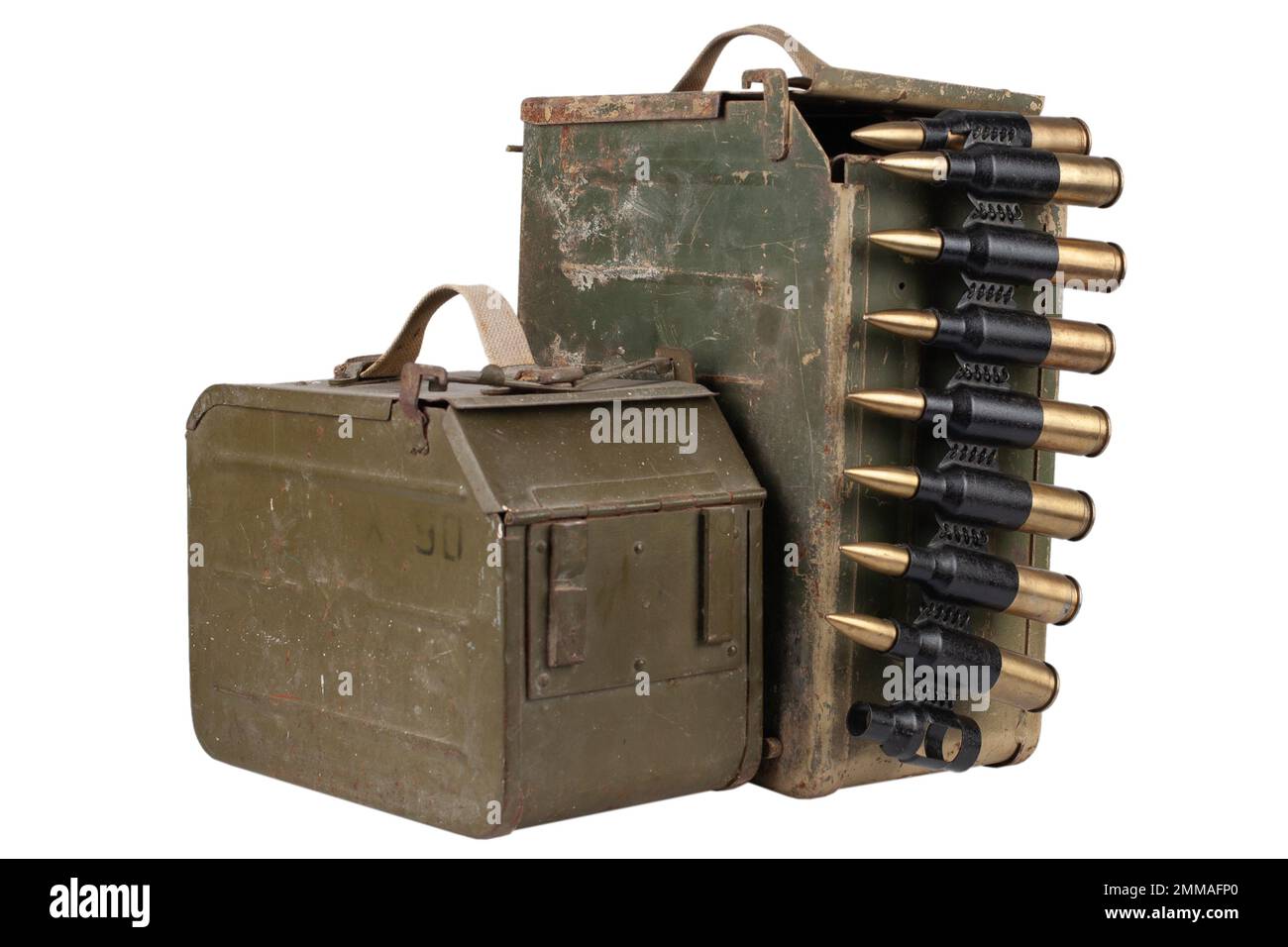 Ammo box with ammunition belt and 14.5mm cartridges for a 14.5mm KPVT heavy machine gun used by the former Soviet Union. Isolated on white background. Stock Photo