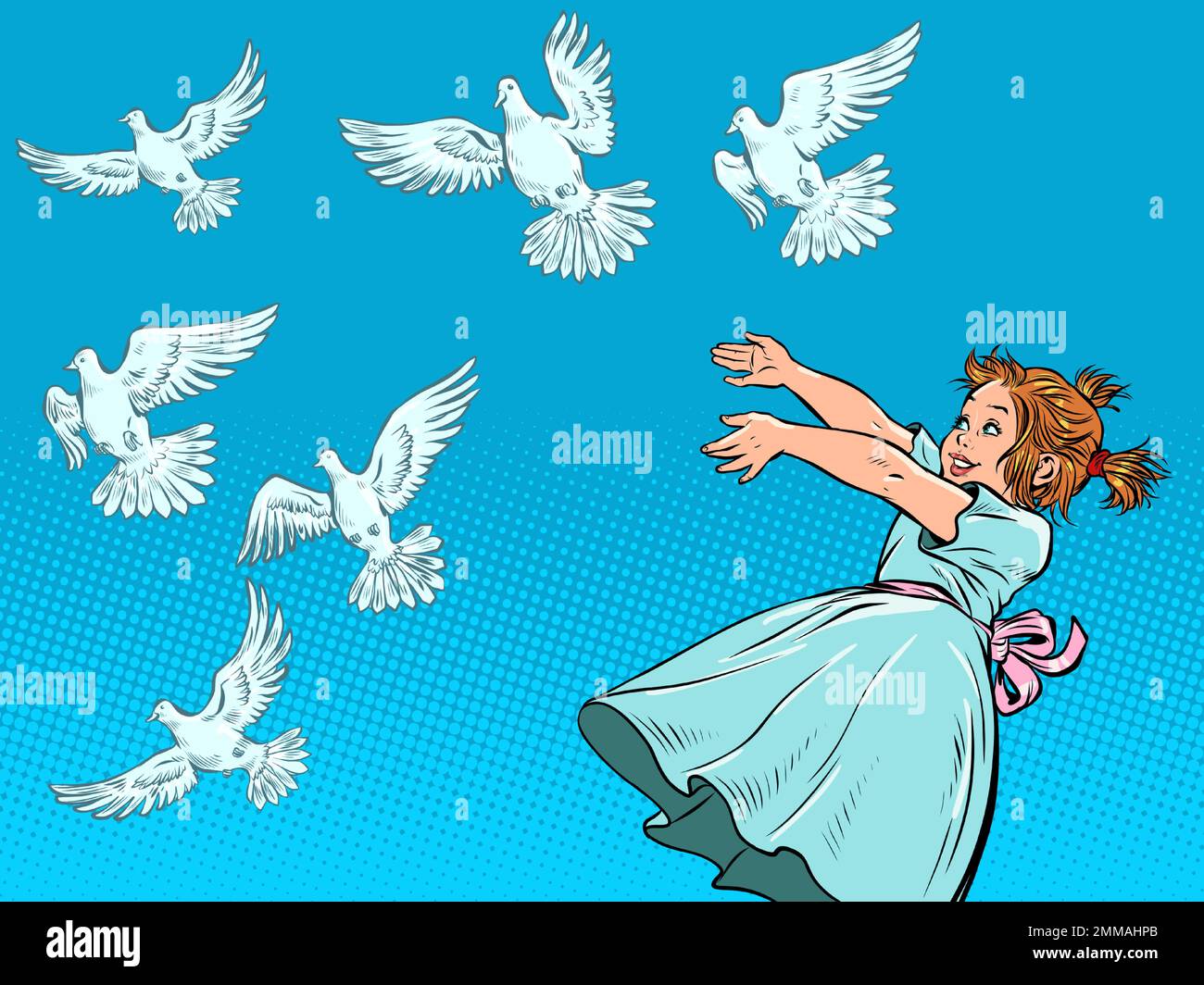 Little girl and white doves. A symbol of peace. Animals and children Stock Vector