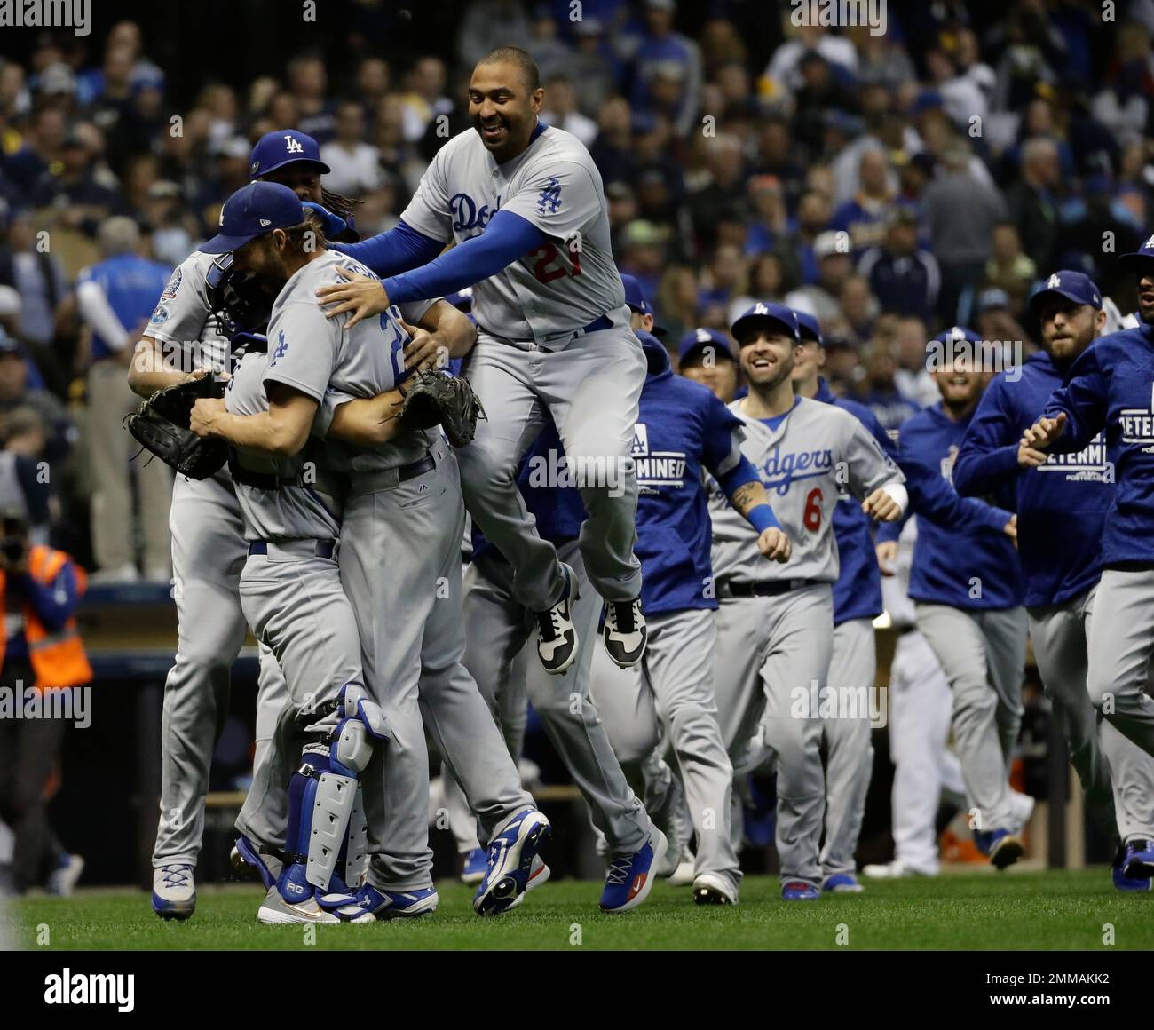 The Los Angeles Dodgers celebrate after Game 7 of the National League 