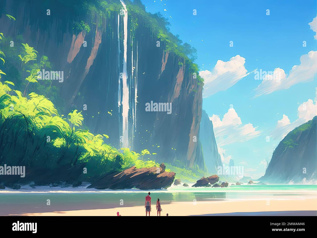 a beautiful beach scene with a little waterfall, anime illustration Stock  Photo - Alamy