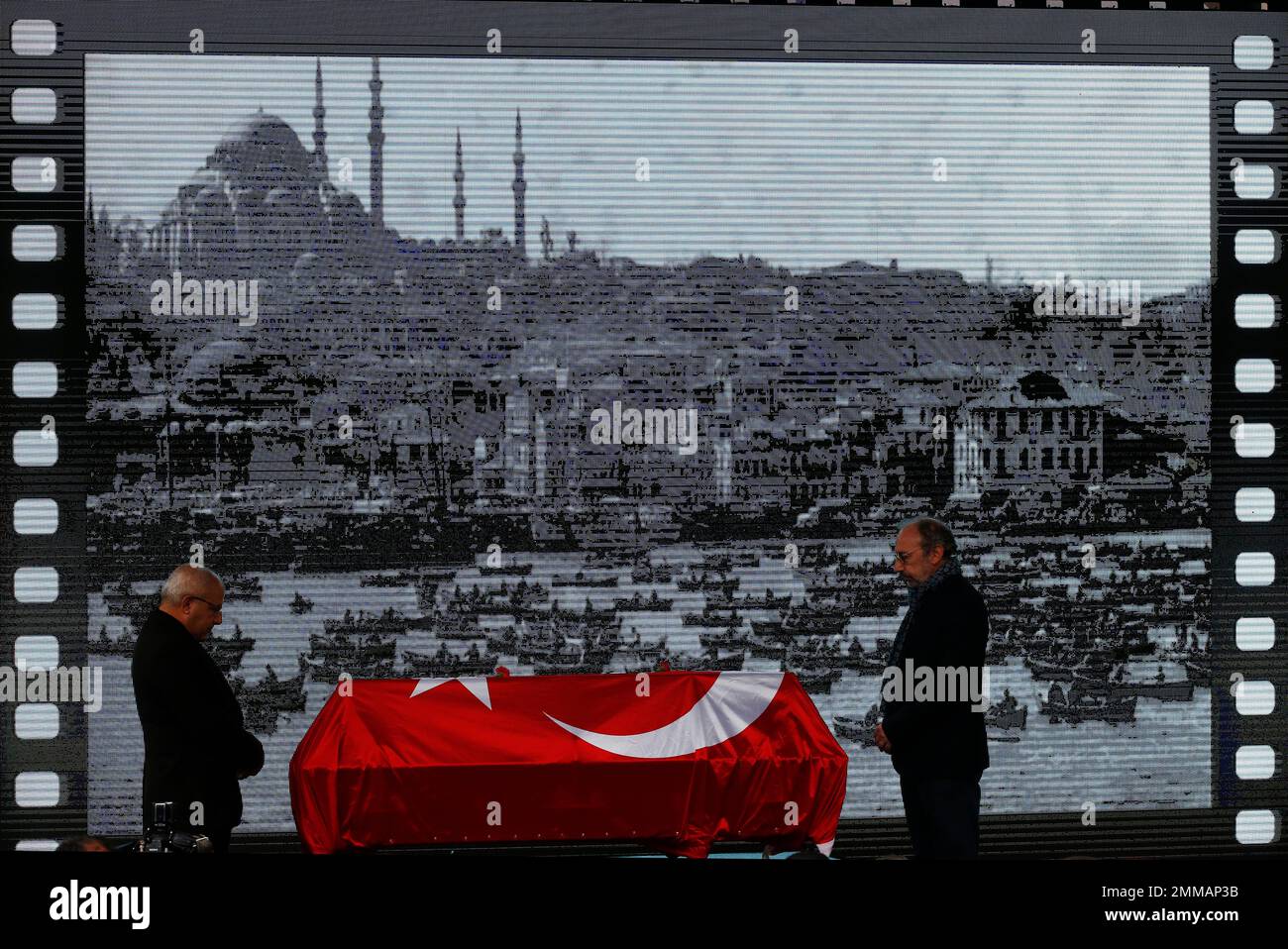 Mourners stand by the Turkish flag-draped coffin of acclaimed Turkish  journalist and photographer Ara Guler, during his funeral procession in  Istanbul, Saturday, Oct. 20, 2018. Guler, from Turkey's minority Armenian  community, known