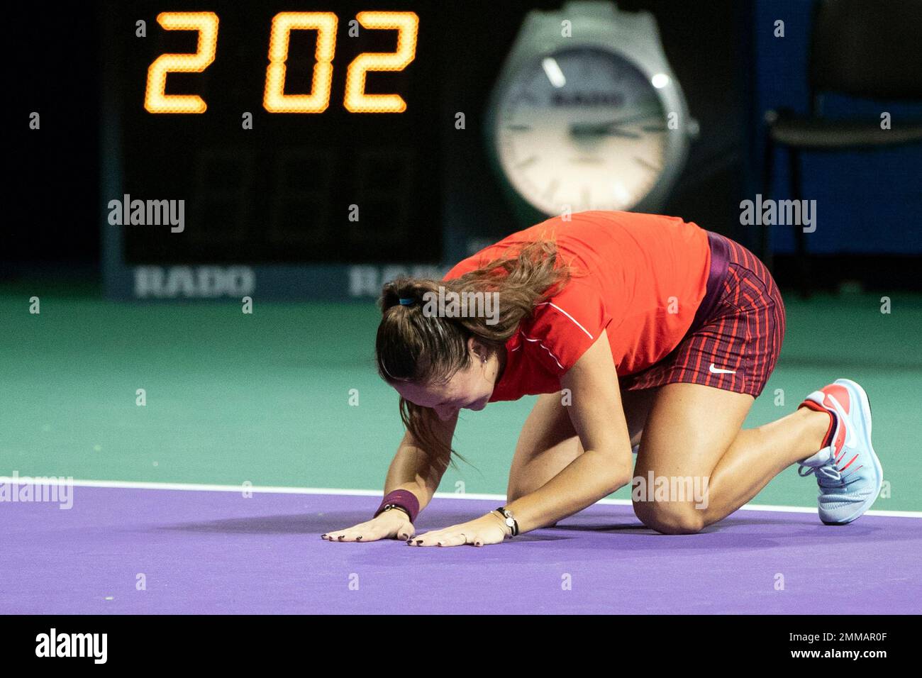 Daria Kasatkina of Russia reacts as she won the final match at the Kremlin  Cup tennis tournament against Ons Jabeur of Tunisia in Moscow, Russia,  Saturday, Oct. 20, 2018. (AP Photo/Pavel Golovkin