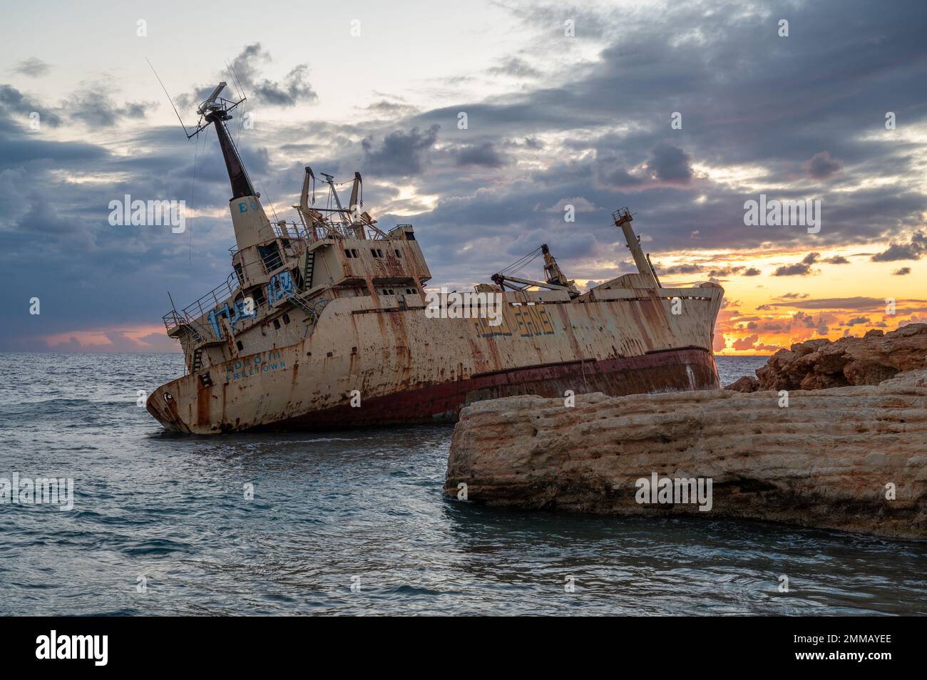 Wreck of Edro III on the shore at Coral Bay, Paphos, Cyprus Stock Photo