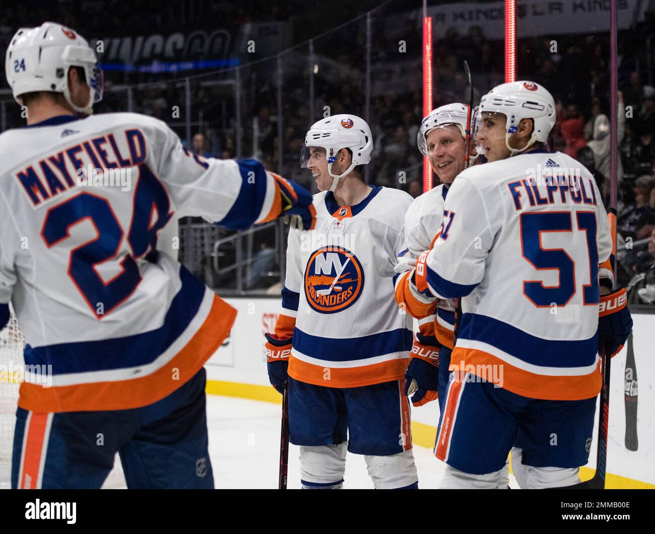 New York Islanders team celebrate center Leo Komarov's goal in the