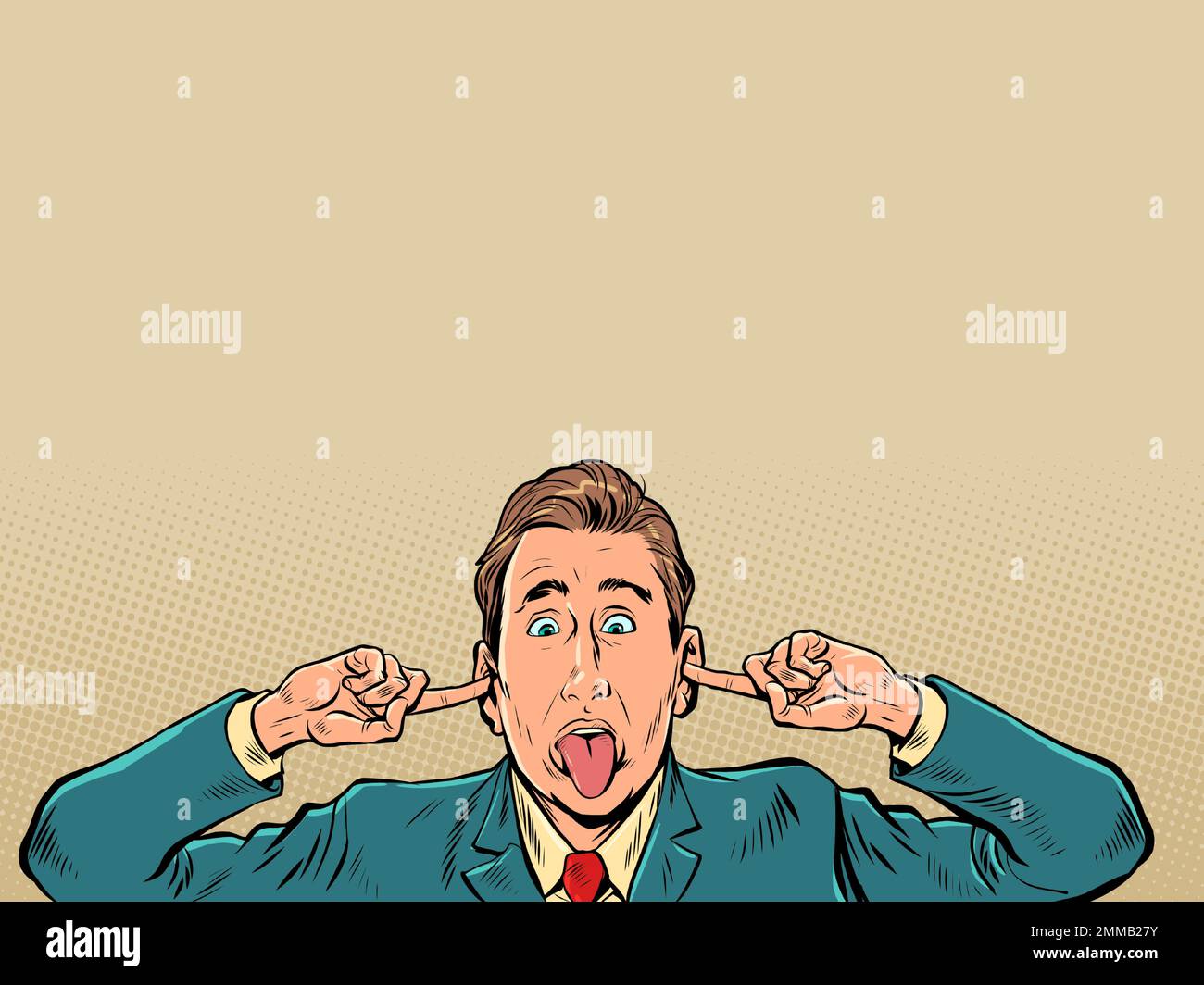 A man in a business suit plugs his ears. The employee refuses to listen to the rules and bosses. Irresponsible citizen. Pop Art Retro Stock Vector