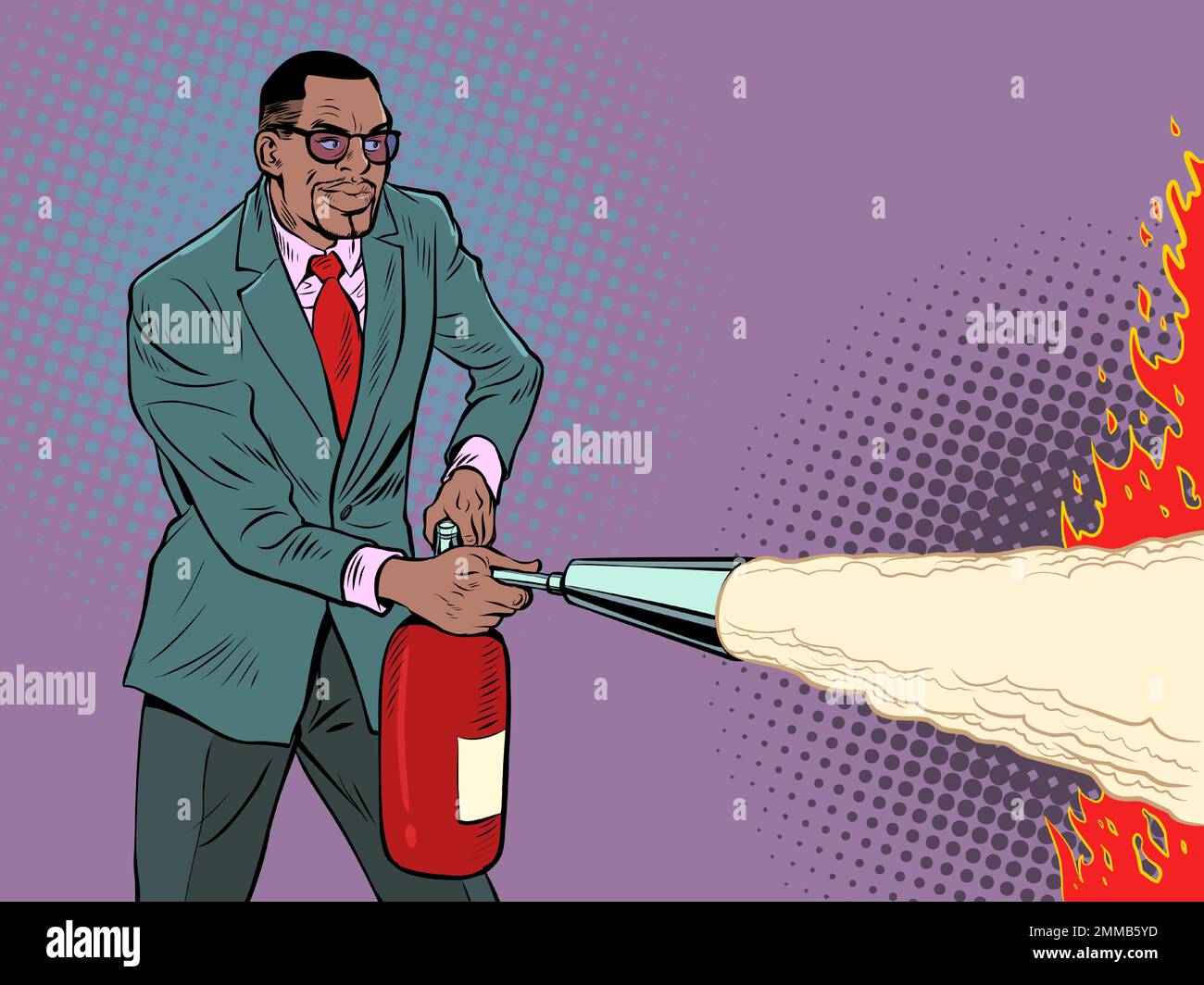 A businessman with a fire extinguisher is preparing to put out a fire