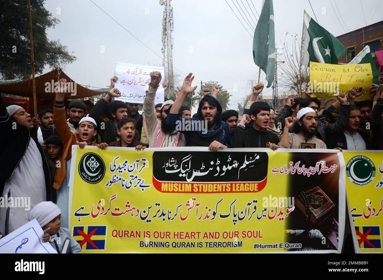 Peshawar, Khyber Pakhtunkhwa, Pakistan. 29th Jan, 2023. Supporters of Muslim Man's League party hold a placard reading in Urdu 'Burning of the Koran is the worst type of terrorism by Sweden' during a protest against Sweden. Pakistani Prime Minister Shahbaz Sharif, several Arab countries as well as Turkey condemned on 23 January, Islamophobia after Swedish-Danish far-right politician Rasmus Paludan burned a copy of the Koran at a rally in Stockholm on 21 January. (Credit Image: © Hussain Ali/Pacific Press via ZUMA Press Wire) EDITORIAL USAGE ONLY! Not for Commercial USAGE! Stock Photo