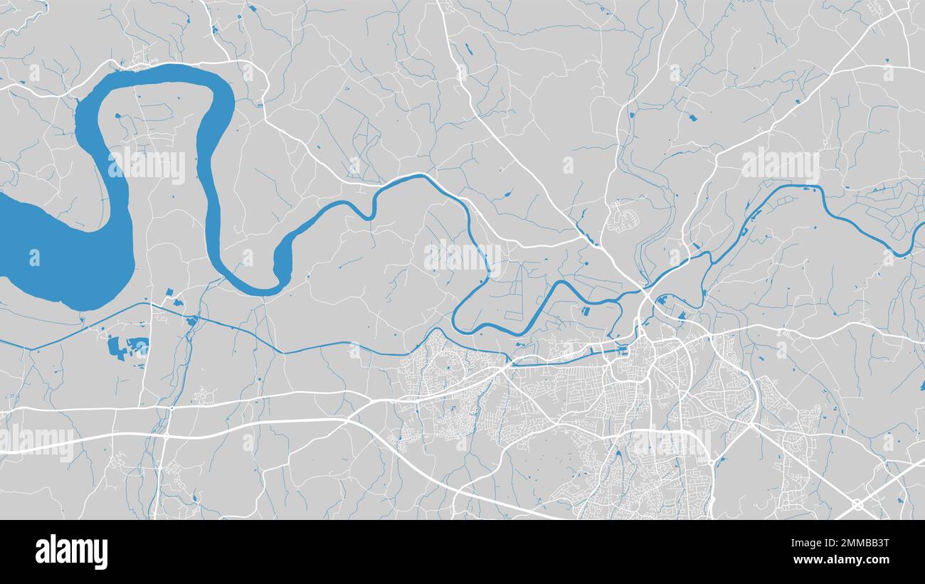 Severn river map, Gloucester city, Wales, England. Watercourse, water flow, blue on grey background road map. Vector illustration, detailed silhouette Stock Vector