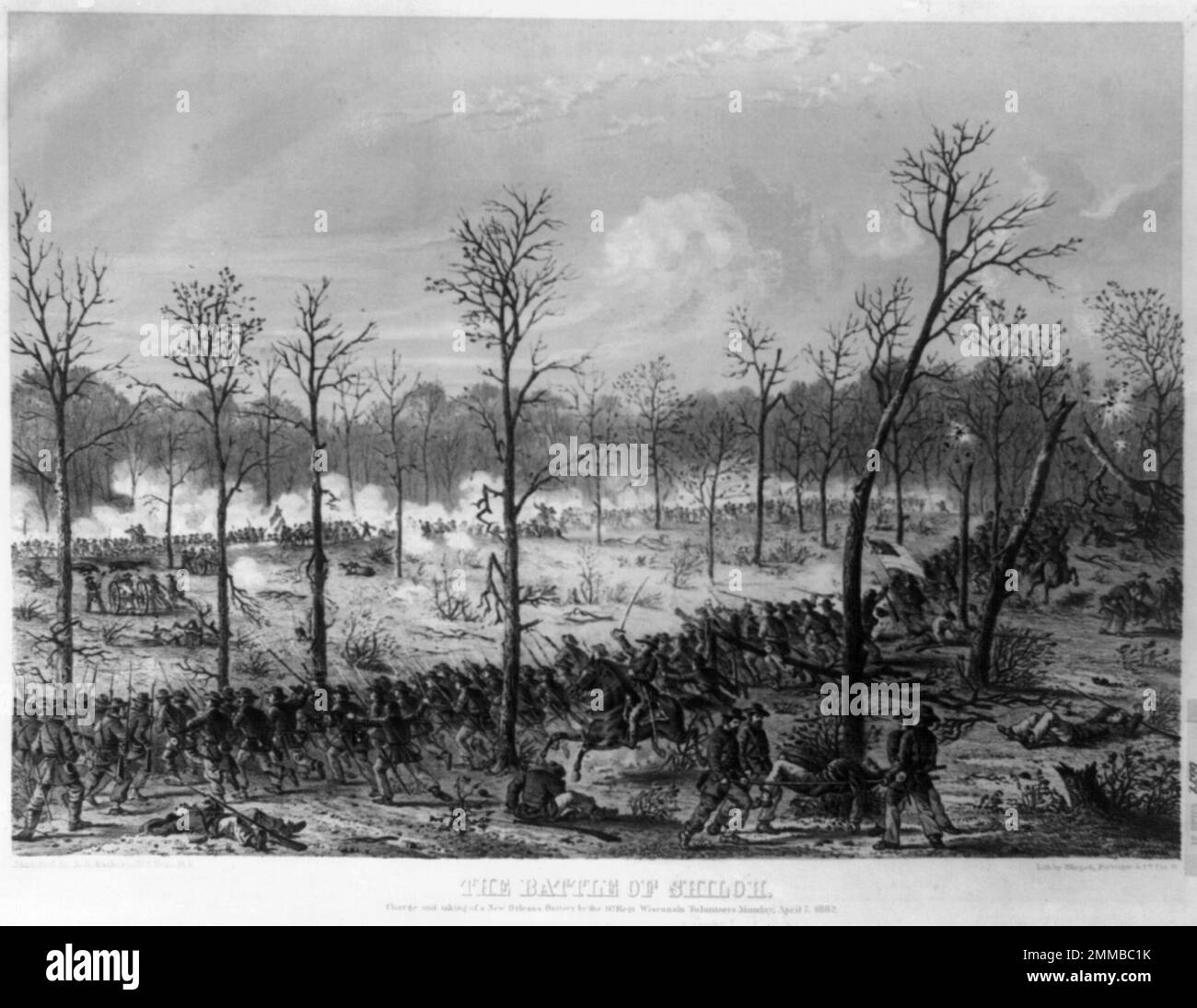 The Battle of Shiloh (aka the Battle of Pittsburg Landing) was fought on April 6–7, 1862 in the American Civil War. Two Union armies combined to defeat the Confederate Army of Mississippi. Major General Ulysses S. Grant was the Union commander, while General Albert Sidney Johnston, who died from blood loss after a leg wound at the battle, was the Confederate commander. The image depicts a charge and taking of a New Orleans battery by the 14th Regt. Wisconsin Volunteers Monday. April 7, 1862. Stock Photo