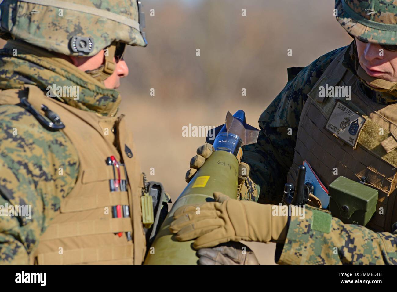 Precision Guidance Kit (PGK) artillery rounds are tested by U.S. Marines at Fort Sill, Oklahoma, February 2016. PGK contains GPS guidance. Stock Photo