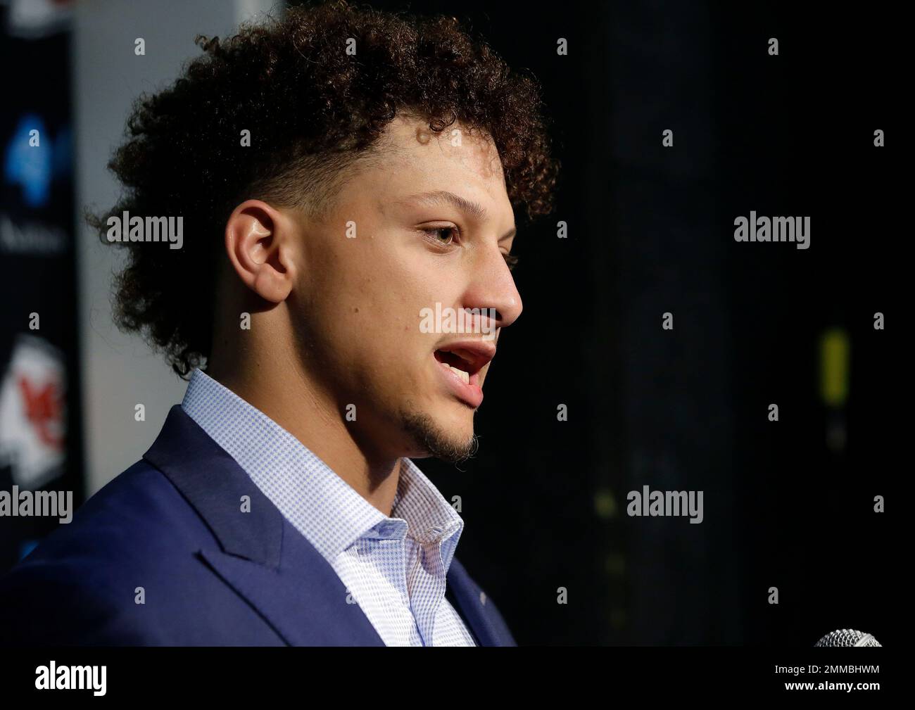 Kansas City Chiefs quarterback Patrick Mahomes speaks to the media