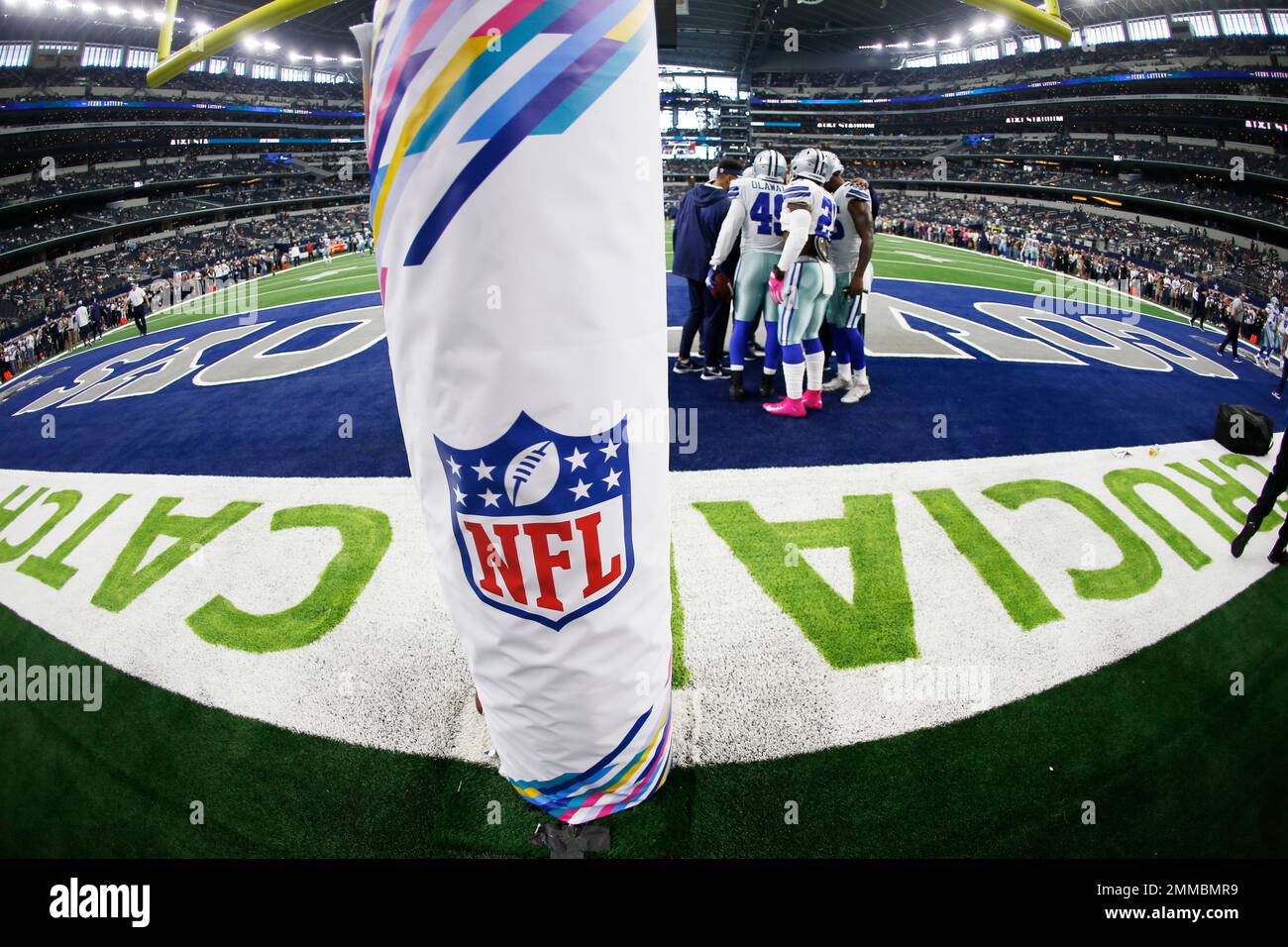 The field goal uprights stand is wrapped in all cancer "awareness
