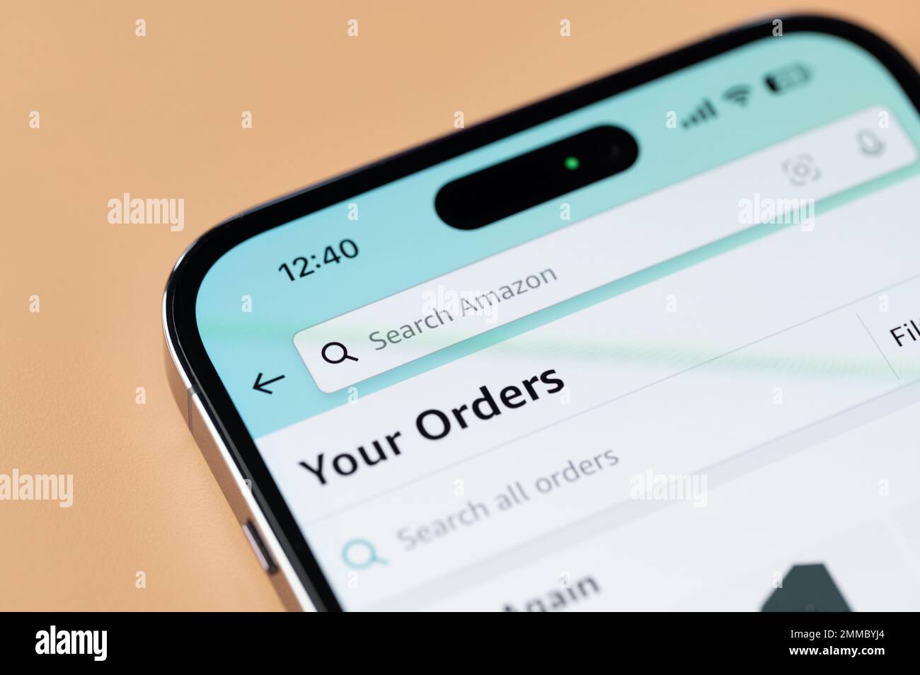 New york, USA - January 28, 2022: Checking orders in amazon shopping on iphone 14 pro in smartphone screen close up view Stock Photo