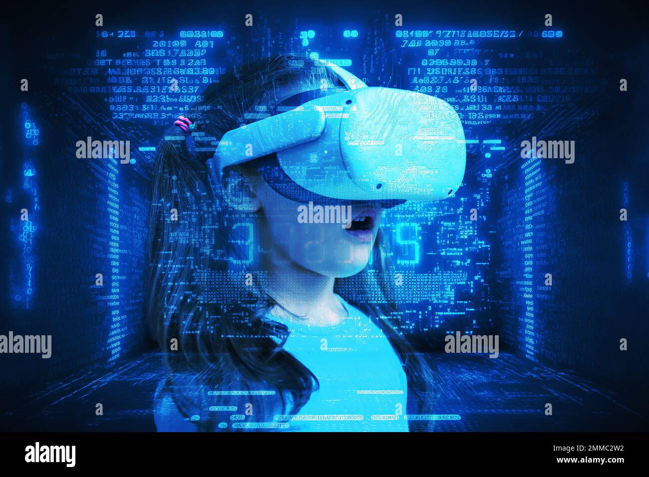 Metaverse and kid concept, child using virtual reality headset in blue digital space. Little girl looking in futuristic VR glasses and having fun. The Stock Photo