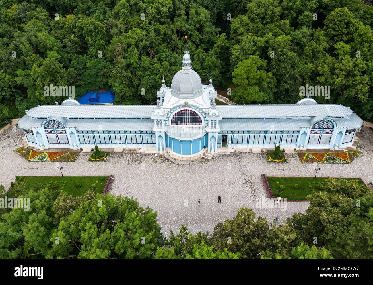 Pushkin Gallery on mountain side in Zheleznovodsk, Stavropol Krai, Russia. Aerial view of historical landmark of Zheleznovodsk installed in 1902. Them Stock Photo