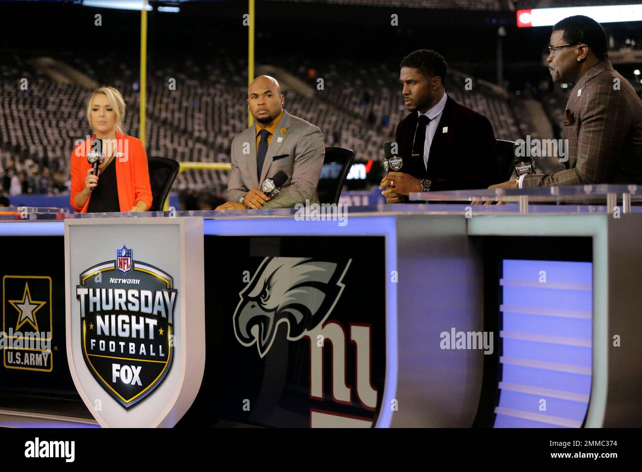 NFLN TNF broadcasters Colleen Wolfe, Steve Smith, Joe Thomas, and Michael  Irvin are seen on the Game Day Kickoff set before an NFL football game  between the New Orleans Saints and the