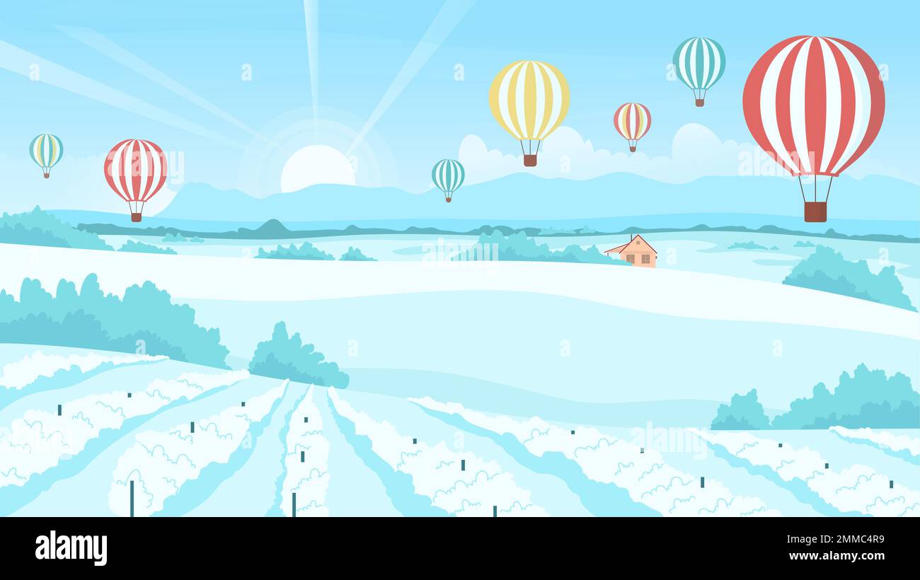 Winter landscape with cute balloons flight vector illustration. Cartoon big hot air colorful balloons flying in blue sky over snowy fields and vineyards in rural countryside sunrise scenery background Stock Vector