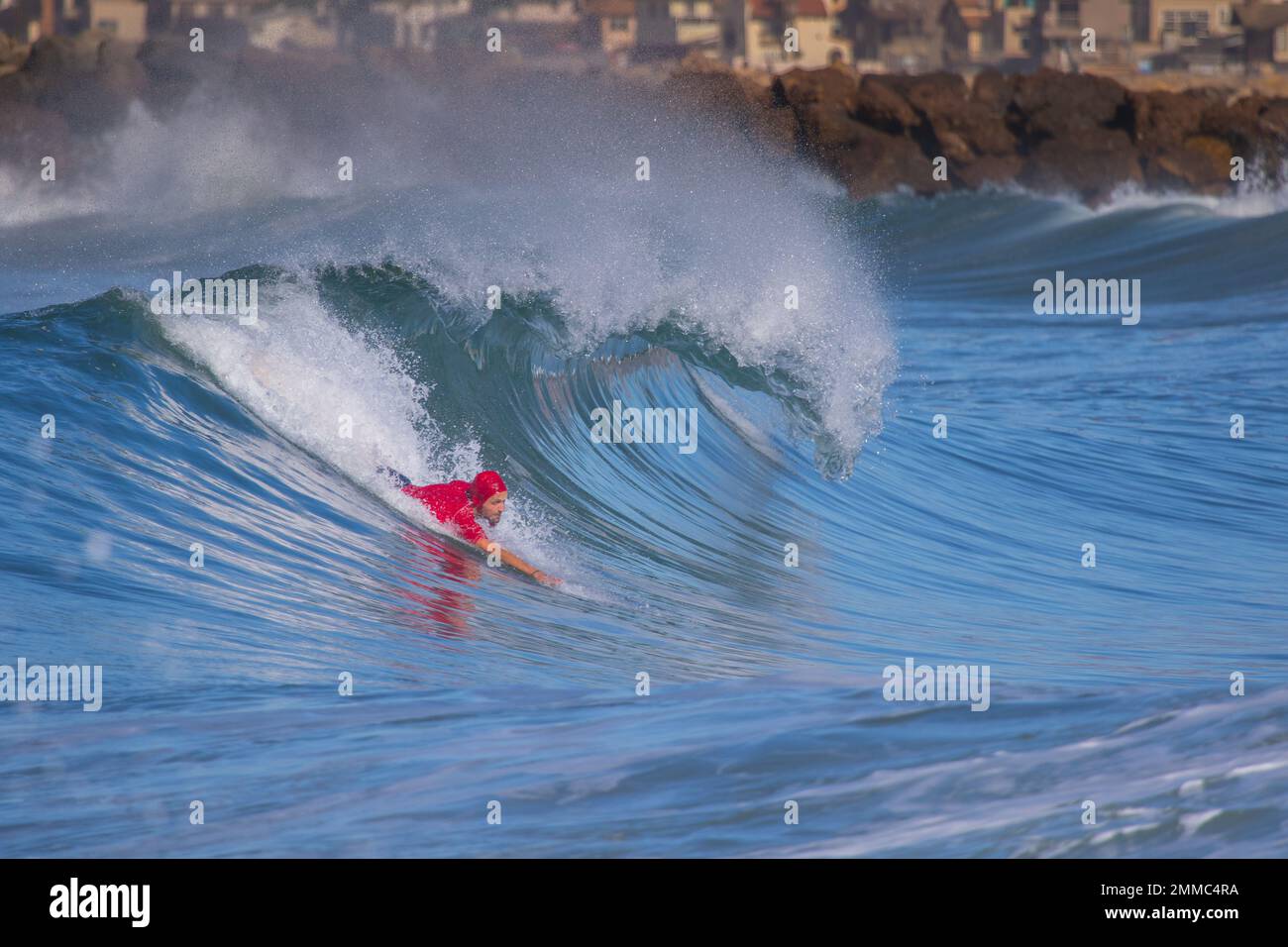 Bodysurfing waves at the South Jetty bodysurfing competition 2022 in Ventura, California , USA Stock Photo