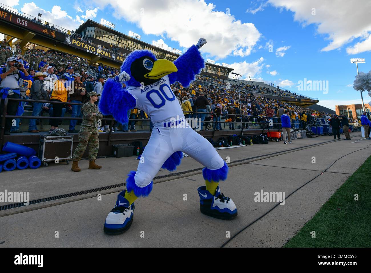 The Bird, the Air Force Academy’s mascot, cheers for the academy at a ...