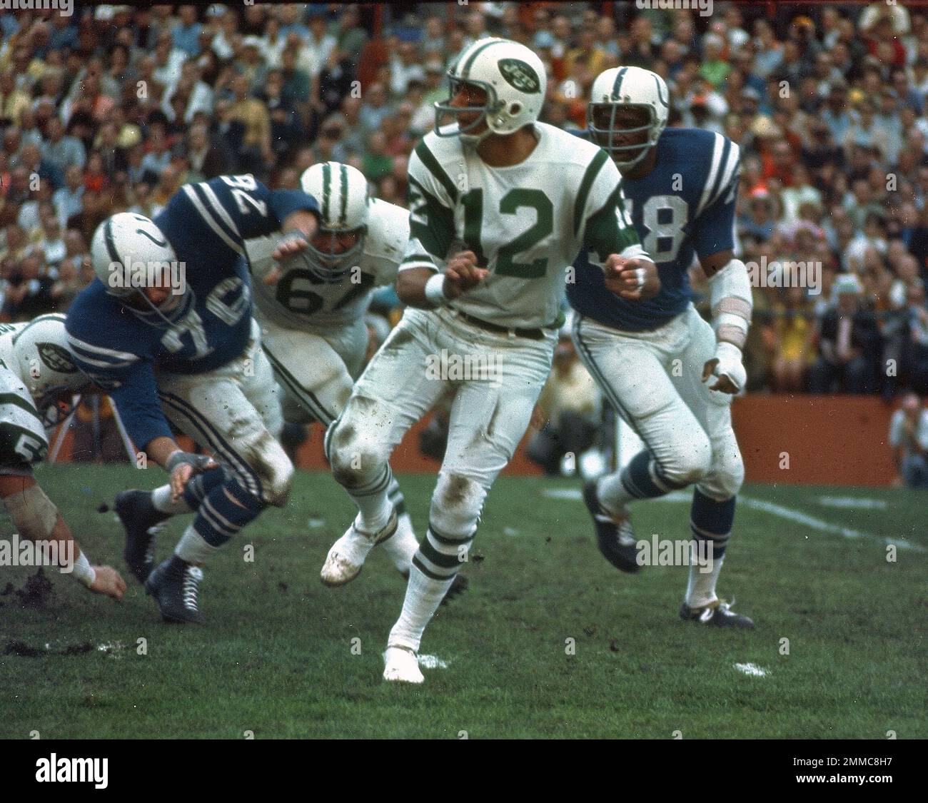 New York Jets quarterback Joe Namath (12) drops back to pass in Super Bowl  III, Jan. 12, 1969 in Miami, Fl. (AP Photo Stock Photo - Alamy