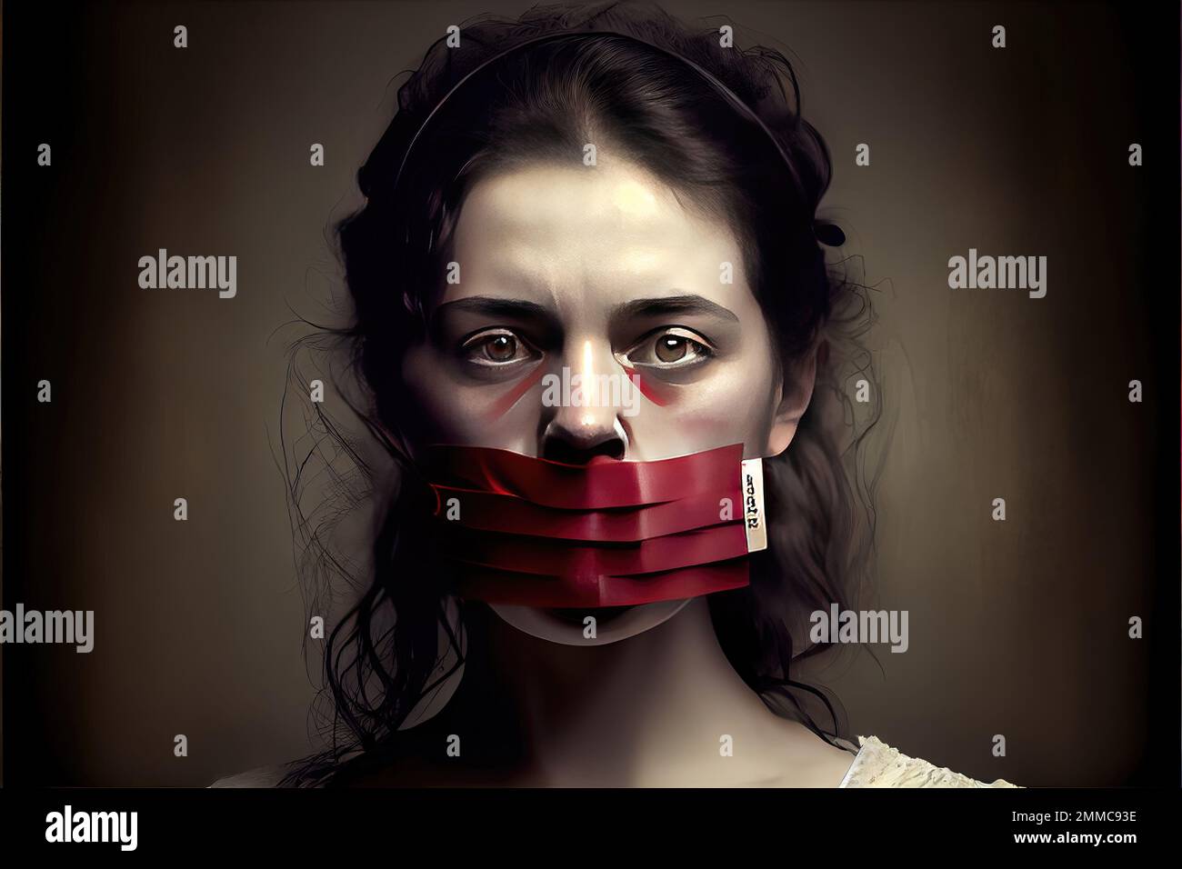 Young Caucasian Woman censored with red tape over her mouth. Struggling through censorship is hard, especially as a woman - speak up whistleblowers Stock Photo