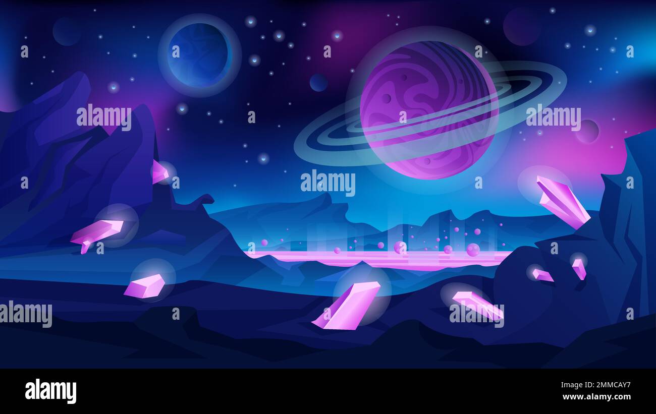 Alien landscape vector illustration. Cartoon planet in outer space, neon extraterrestrial lava on ground and fairy tale glowing crystals in dark rocks, cosmic scenery with globe of Saturn in sky Stock Vector
