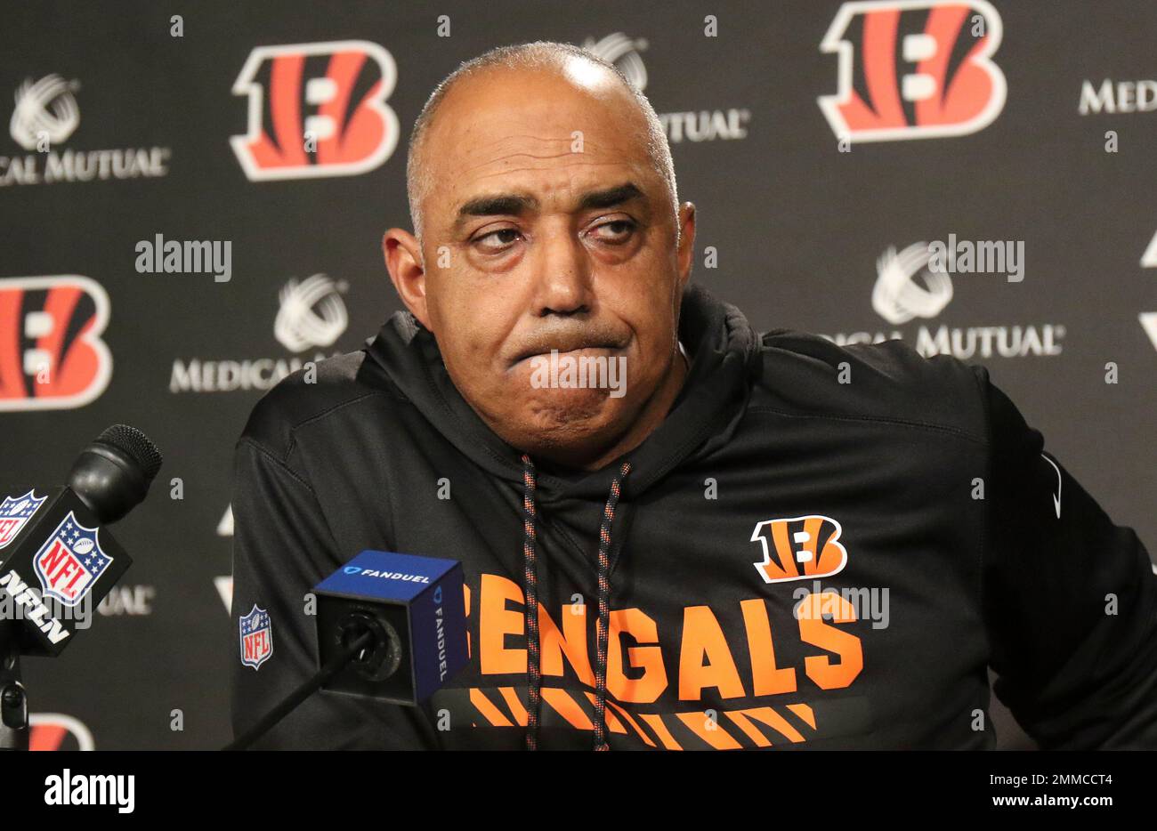 FILE - In this Dec. 5, 2017, file photo, Cincinnati Bengals head coach  Marvin Lewis speaks to the media during a news conference after a 23-20  loss to the Pittsburgh Steelers in