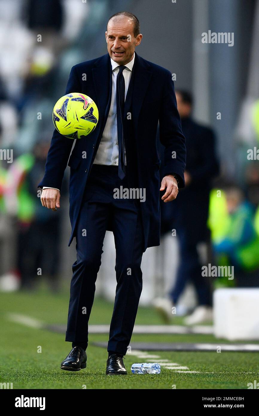 Turin, Italy. 29 January 2023. Massimiliano Allegri, head coach of Juventus  FC, reacts during the Serie