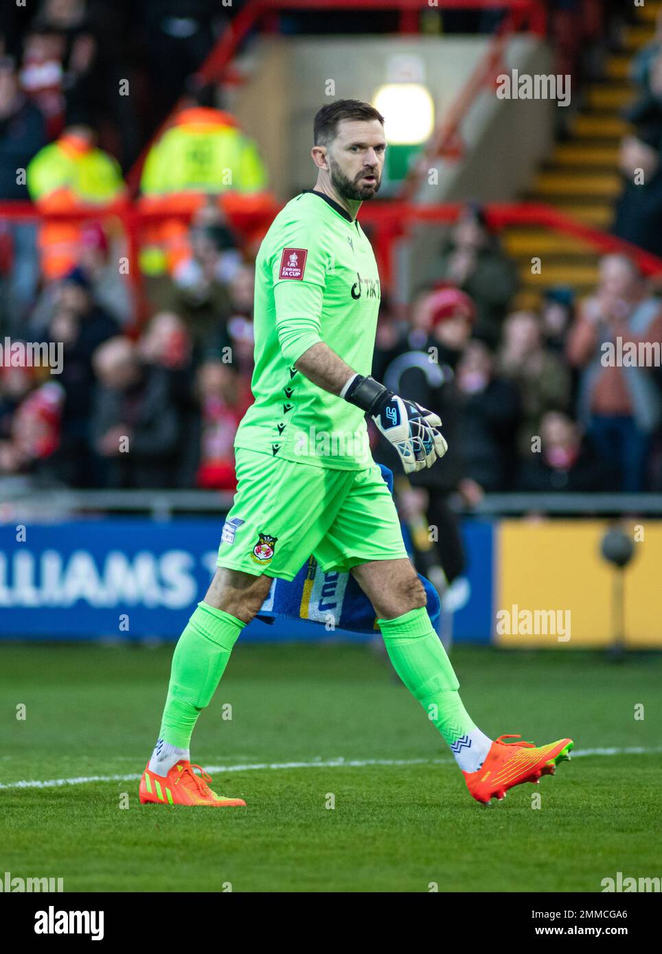 Wrexham, Wrexham County Borough, Wales. 29th January 2023. Wrexham  goalkeeper Rob Lainton, during Wrexham Association Football Club V  Sheffield United Football Club at The Racecourse Ground, in The Emirates FA  Cup. (Credit