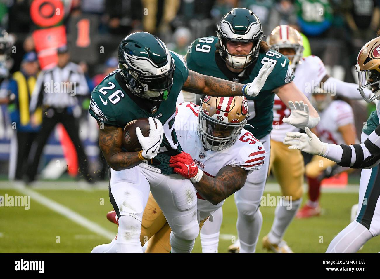 San Francisco 49ers linebacker Dre Greenlaw returns an intercepted pass  during the Seattle Seahawks 26-23 overtime win in a NFL football game  Monday, Nov. 11, 2019 in Santa Clara, CA. (Daniel Gluskoter/AP