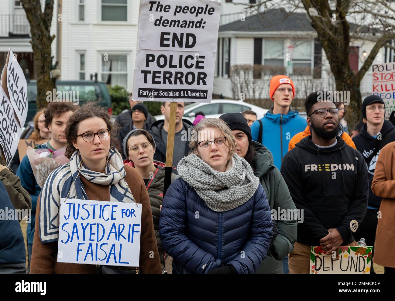 Jan. 29, 2023. Somerville, MA. Hundreds of people rallied at Somerville High School to demand justice and accountability for Sayed Arif Faisal who was Stock Photo