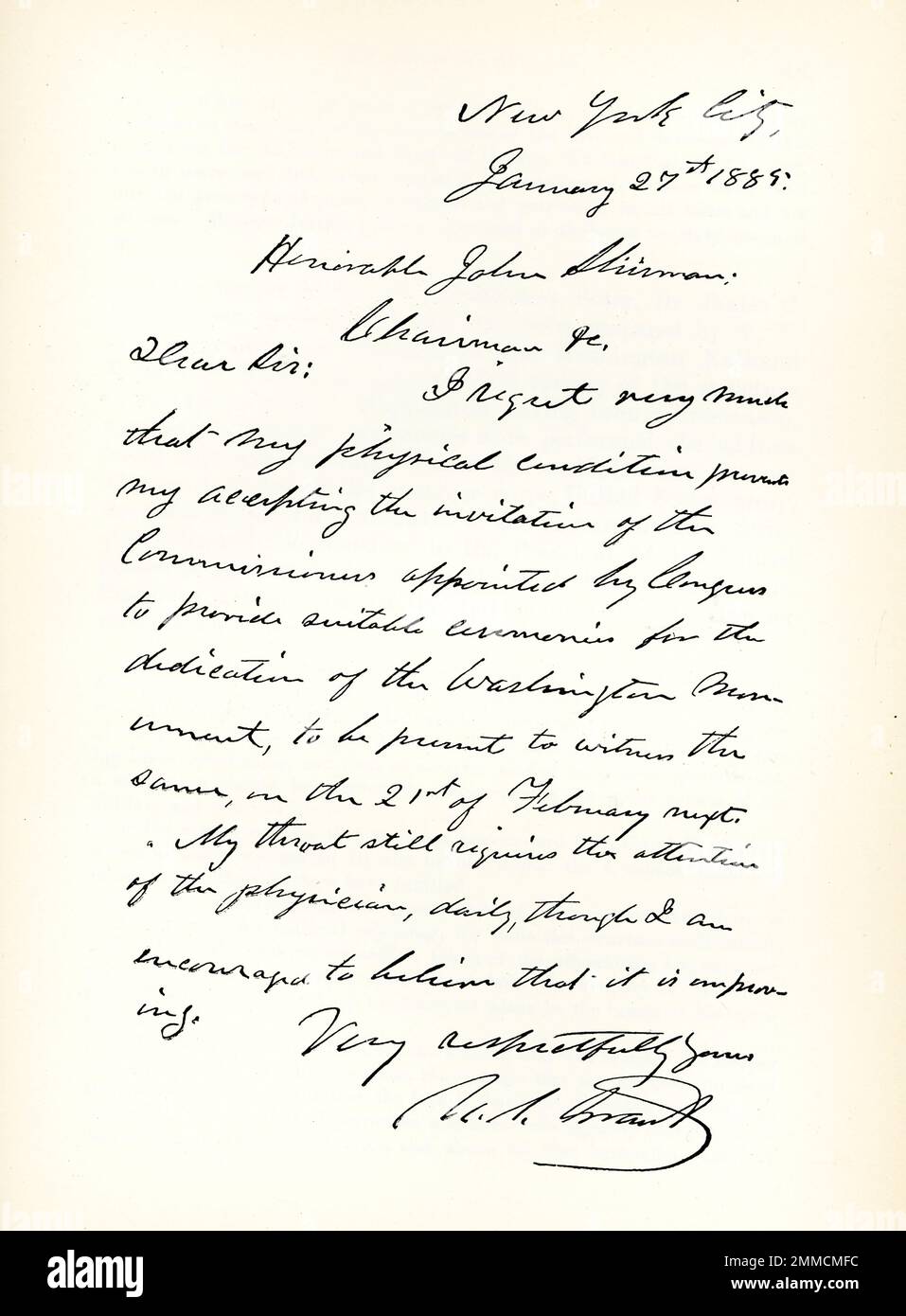 This 1892 images shows a letter from Ulysses s Grant dated January 27, 1885 and signed by Grant. 18th President of the United States  The letter reads: 'New York City,  January 27, 1885.  Honorable John Sherman, Chairman.  Dear Sir: I regret very much that my physical condition prevents my accepting the invitation of the Commission appointed by Congress to provide suitable ceremonies for the dedication of the Washington monument, to be present to witness the same, on the 21st of February next. My throat still requires the attention of the physician, daily, though I am encouraged to believe tha Stock Photo