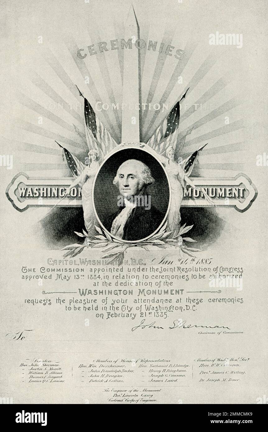 This 1892 image show the invitation to ceremonies on completion of the Washington Monument in washington DC Stock Photo