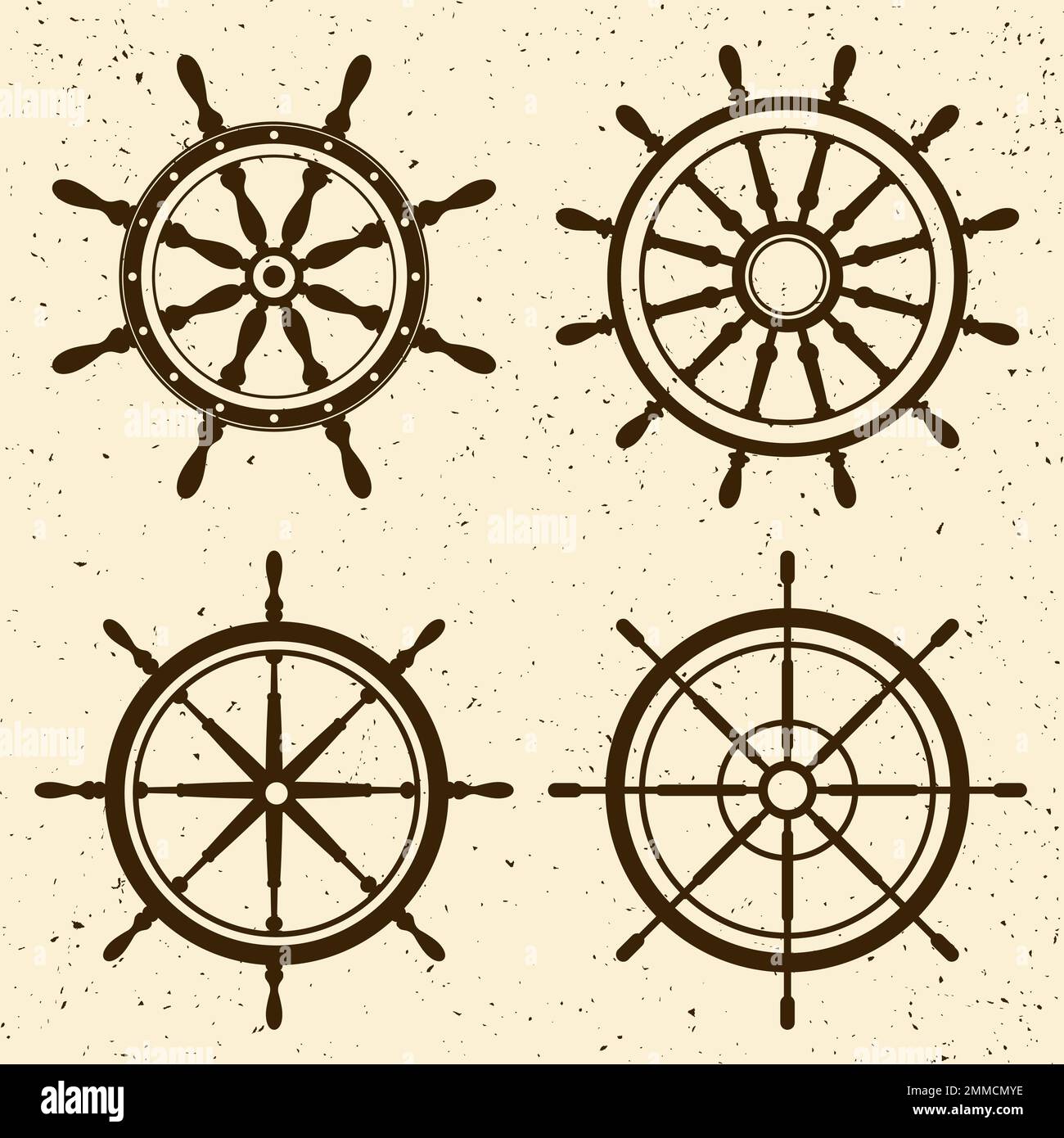 Collection of grunge vintage steering wheels. Ship, yacht retro wheel ...