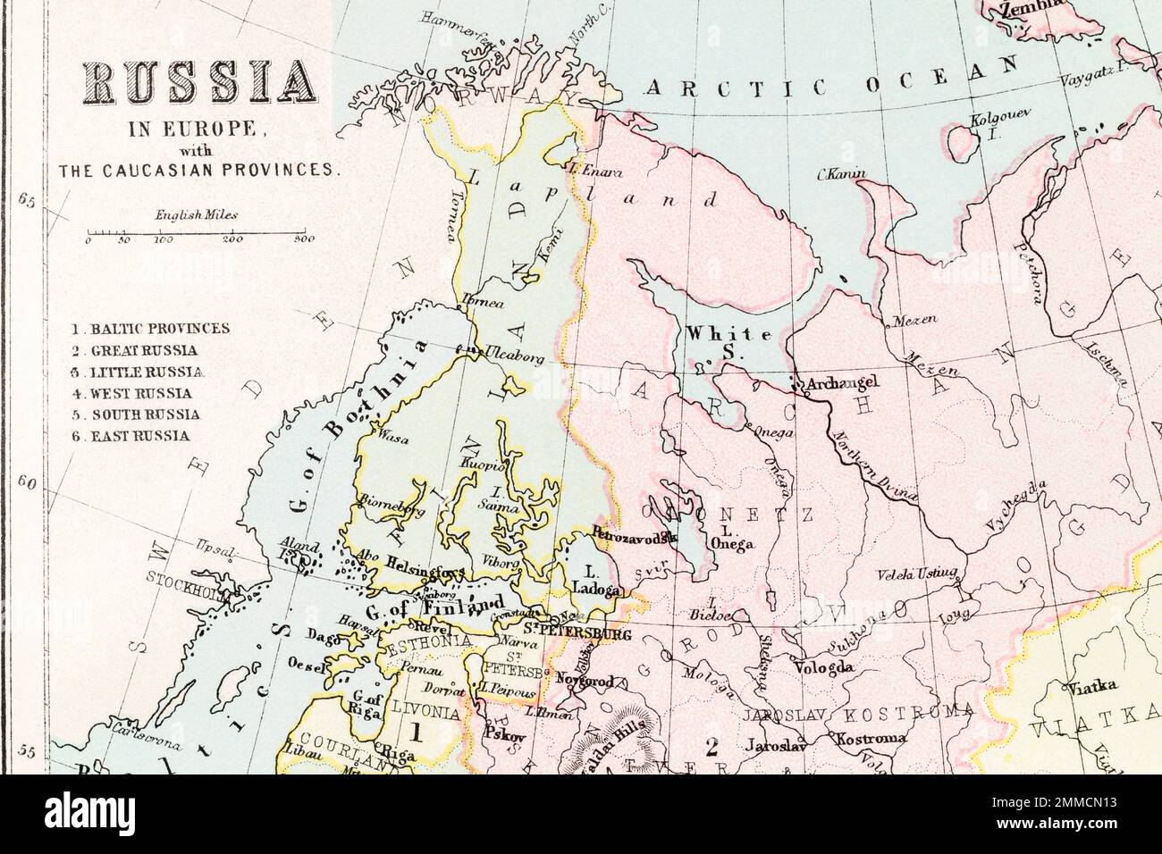 1870 Atlas map of Finland and surrounding Baltic states. For Finland territory changes, Finland borders, Russia-Finland relations & hostility. Stock Photo