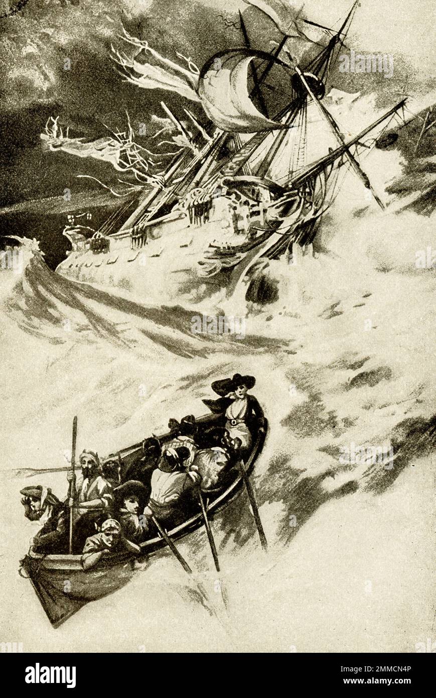The 1917 caption reads: “Escape from the shipwreck – Robinson Crusoe.” Robinson Crusoe is a novel written by the English novelist Daniel Defoe and published in 1719. A fictional autobiography,  it tells the tale of an English castaway named  Robinson Crusoe (seen here escaping from the shipwreck) who spent 28 years on a remote tropical island near Venezuela before he was rescued. Stock Photo