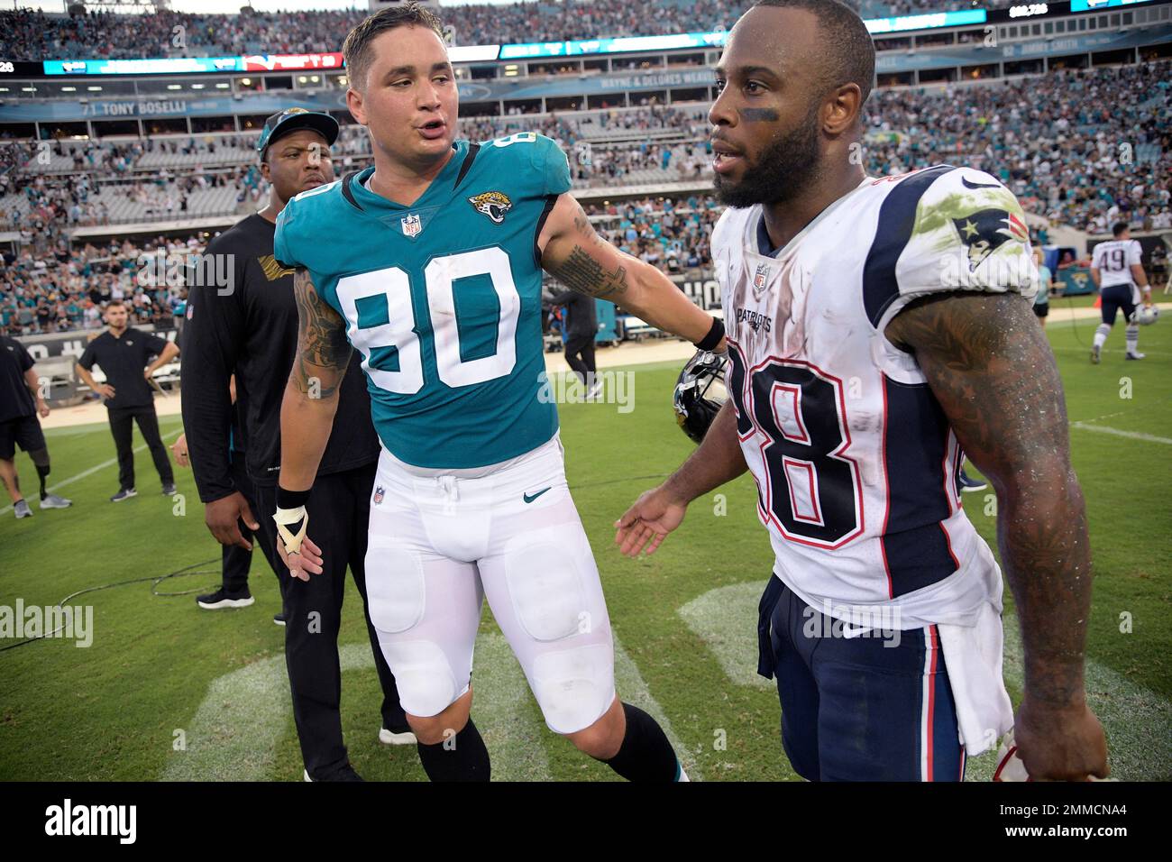 Jacksonville Jaguars tight end James O'Shaughnessy (80) and New England