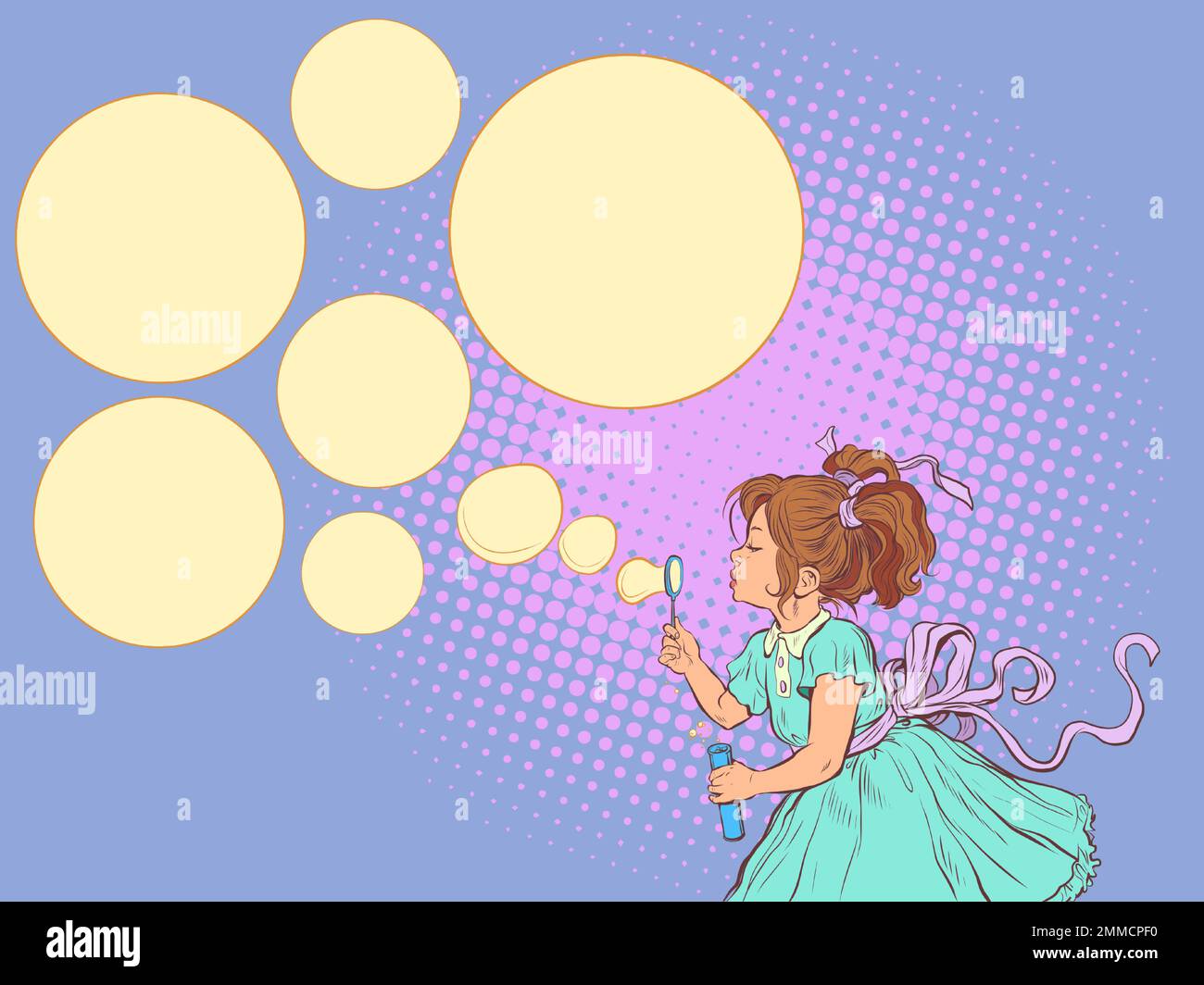 A little girl in a blue dress makes soap bubbles. There were several